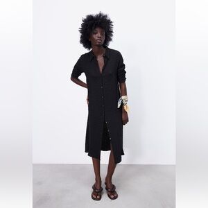 Zara NWT textured shirt button down viscose midi dress, black, M
